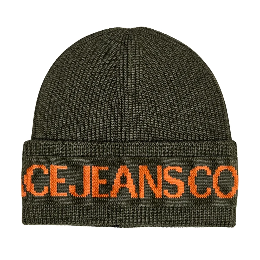 Versace Jeans Hat Beanie Dark Olive Orange Wool Blend Logo Designer